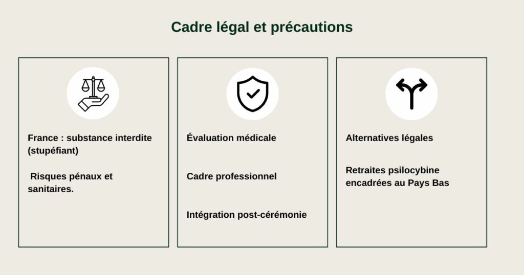 Encadré : illégalité en France, précautions de sécurité, alternatives légales encadrées.