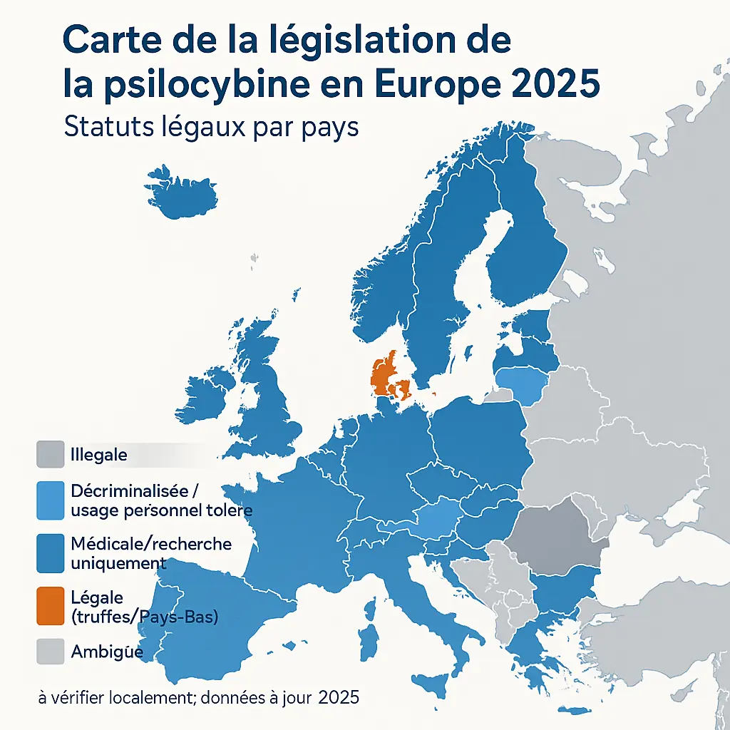 Carte de la législation de la psilocybine en Europe 2025 - Statuts légaux par pays