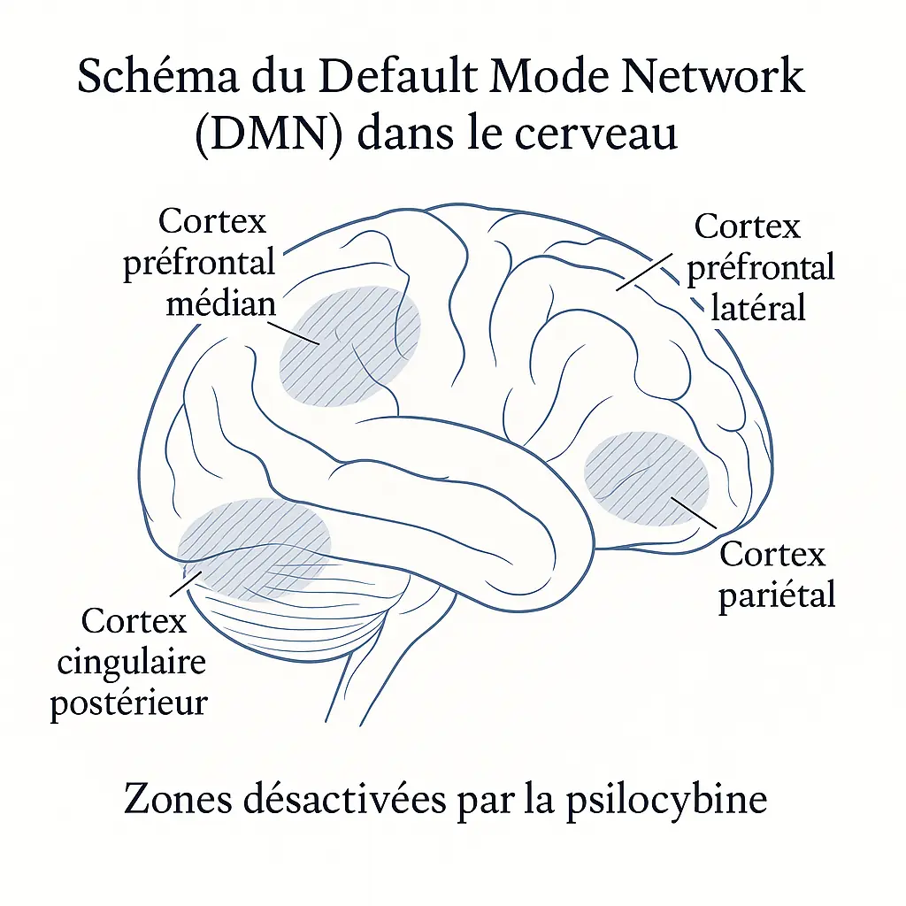 Schéma du Default Mode Network (DMN) dans le cerveau - Zones désactivées par la psilocybine